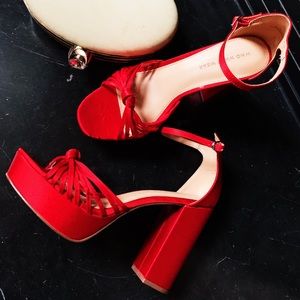 Red Ankle Strap Platform Chunky Heels